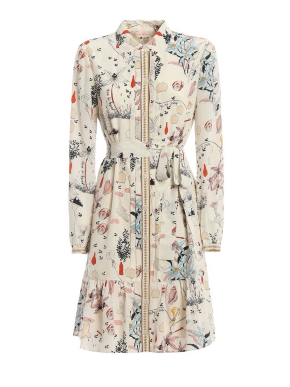 Tory Burch Cora Cream Floral Zip-Front Tie-Waist Shirt Dress